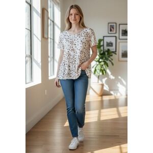 MTS Women's White & Brown Leopard Print Short Sleeve Babydoll Top Size S